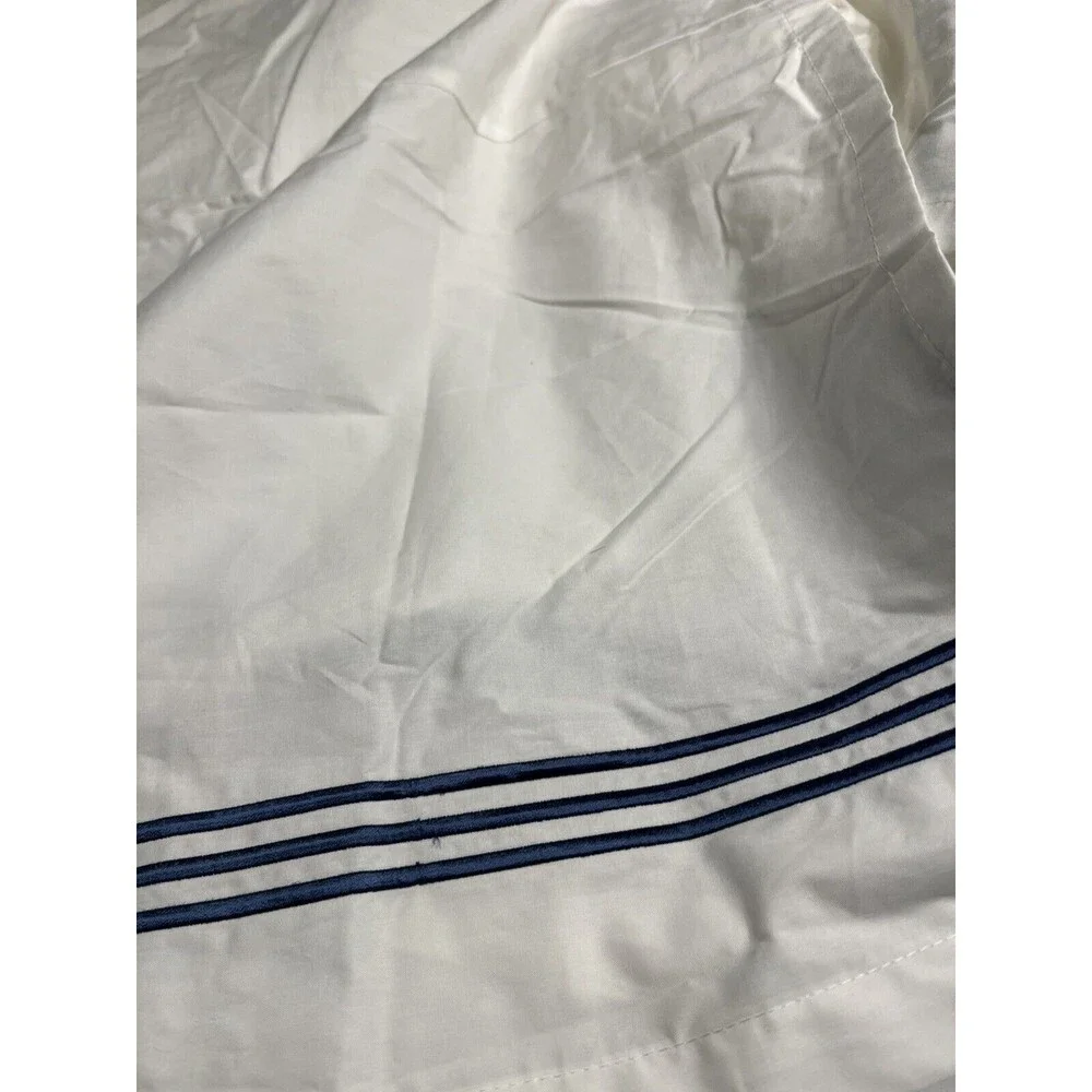 Pottery Barn White w Blue Embroidered Stripes King Size Bed Skirt